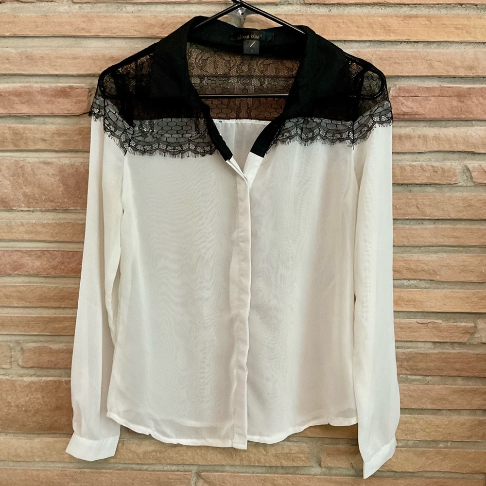 Lime Blue Sheer White Blouse Black Lace